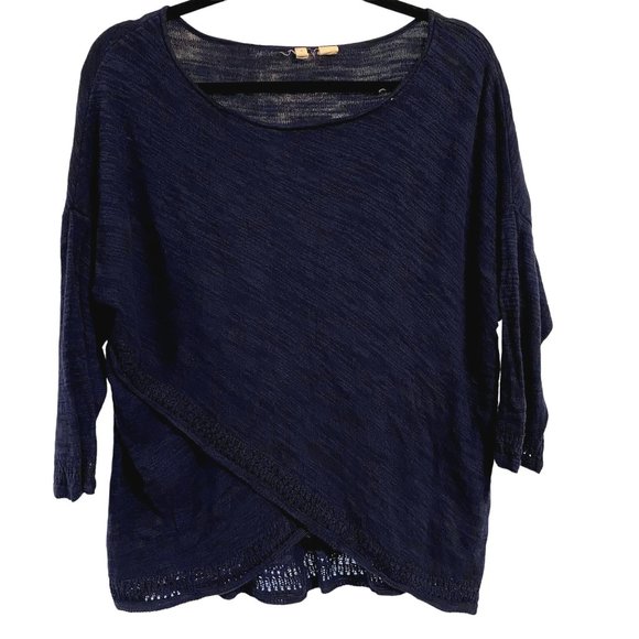 Anthro Moth Navy Blue Crossover Lightweight Crochet Trimmed Sweater Size M - Picture 1 of 9